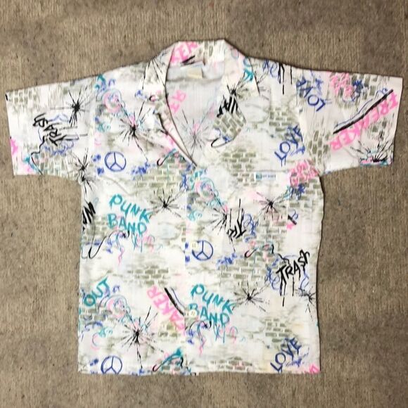 Rare 1980’s Vintage graffiti “Punk Band” Short-Sleeved Button Down - Picture 1 of 7